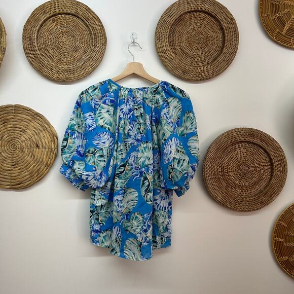 Chico's Blue White Shell Print Button Up Puff Sleeve Top Blouse 12 Summer - Picture 3 of 7